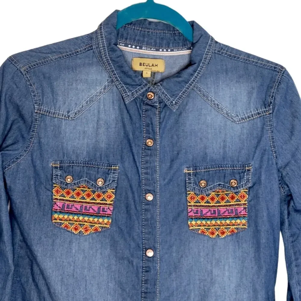 Beulah Embroidered Chambray Denim Button Up Shirt Size Small - Picture 2 of 7